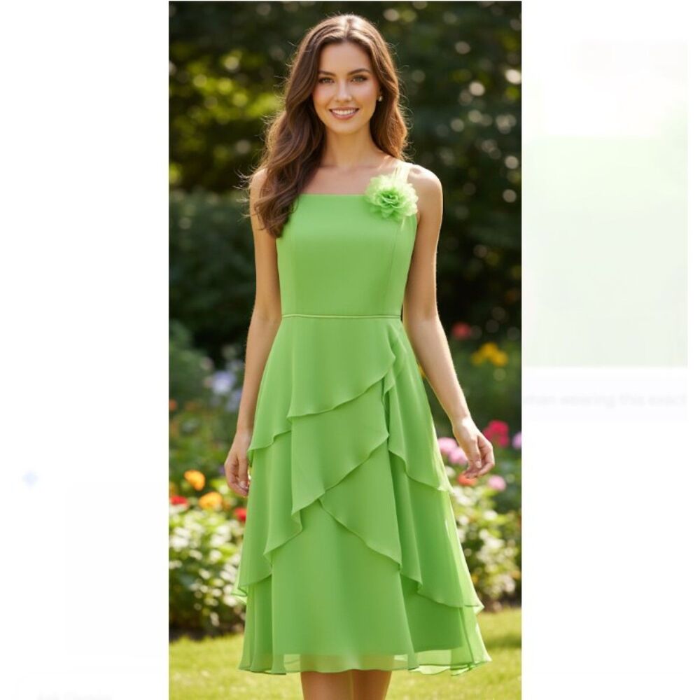 Vintage Silk Kelly Green Dress Sz 6 Ruffle Tiered Spring Wedding Guest Chic